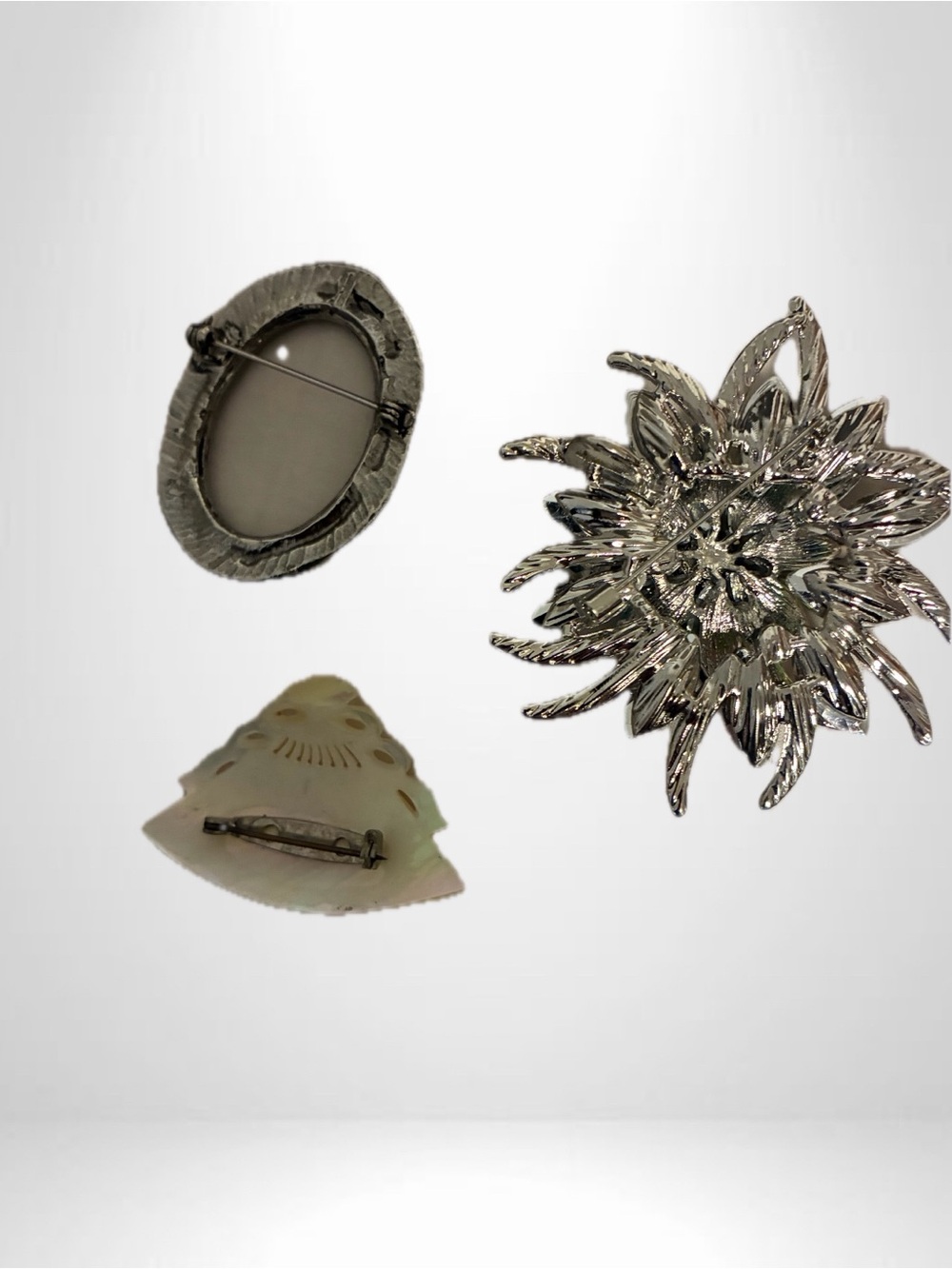 Lot of 3 vintage brooches: Silver Floral Sunburst Brooch Pin - Women Accessories